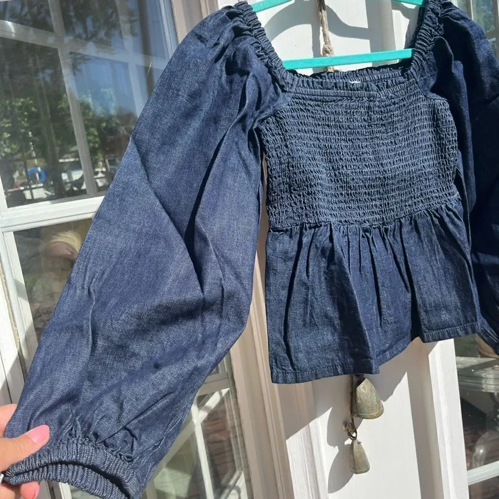 J Crew Puff Sleeve Chambray Smocked Top NWT